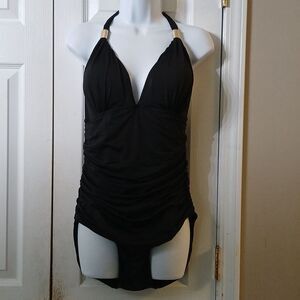 Black halter style side gather ruched bathing suit swim suit  SZ XL  NWOT
